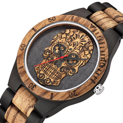 High Quality Skull Head Wooden Watch for Men Skeleton Engraved Mexico Punk Rock Dial Wood Clock Watches Male Relogio Masculino