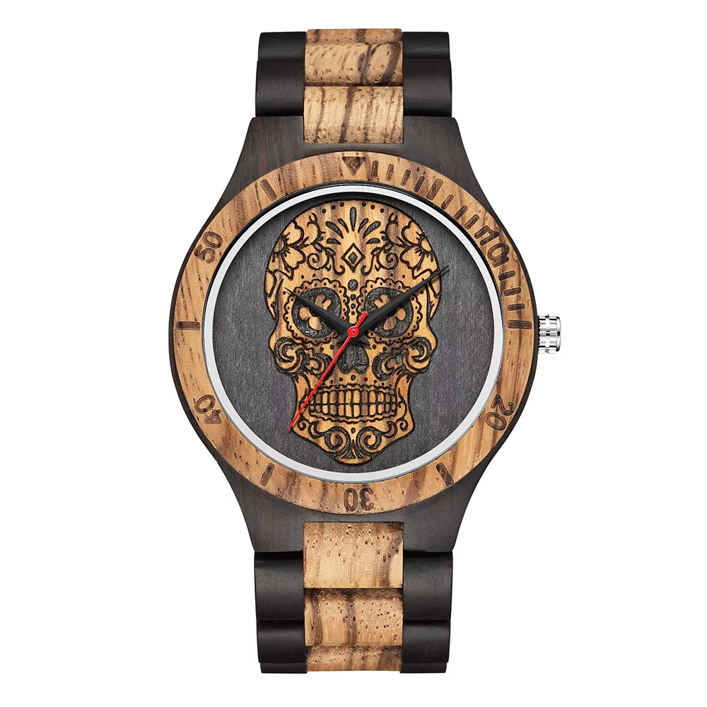 High Quality Skull Head Wooden Watch for Men Skeleton Engraved Mexico Punk Rock Dial Wood Clock Watches Male Relogio Masculino