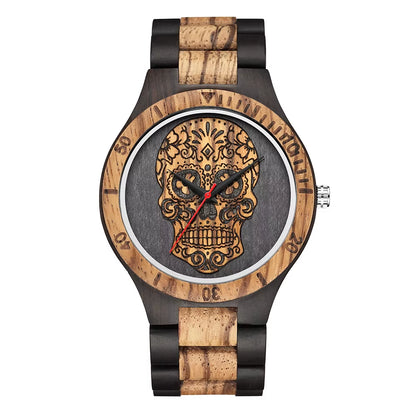 High Quality Skull Head Wooden Watch for Men Skeleton Engraved Mexico Punk Rock Dial Wood Clock Watches Male Relogio Masculino