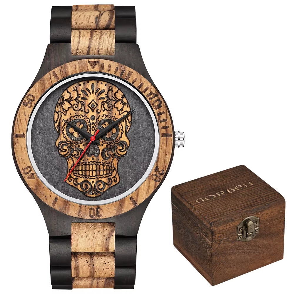 High Quality Skull Head Wooden Watch for Men Skeleton Engraved Mexico Punk Rock Dial Wood Clock Watches Male Relogio Masculino