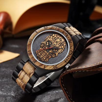 High Quality Skull Head Wooden Watch for Men Skeleton Engraved Mexico Punk Rock Dial Wood Clock Watches Male Relogio Masculino