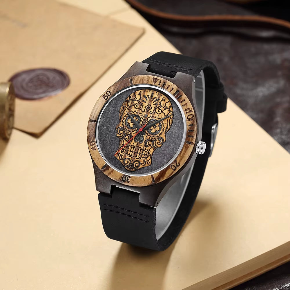 High Quality Skull Head Wooden Watch for Men Skeleton Engraved Mexico Punk Rock Dial Wood Clock Watches Male Relogio Masculino