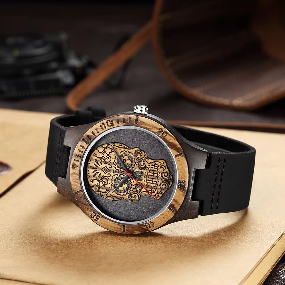 High Quality Skull Head Wooden Watch for Men Skeleton Engraved Mexico Punk Rock Dial Wood Clock Watches Male Relogio Masculino