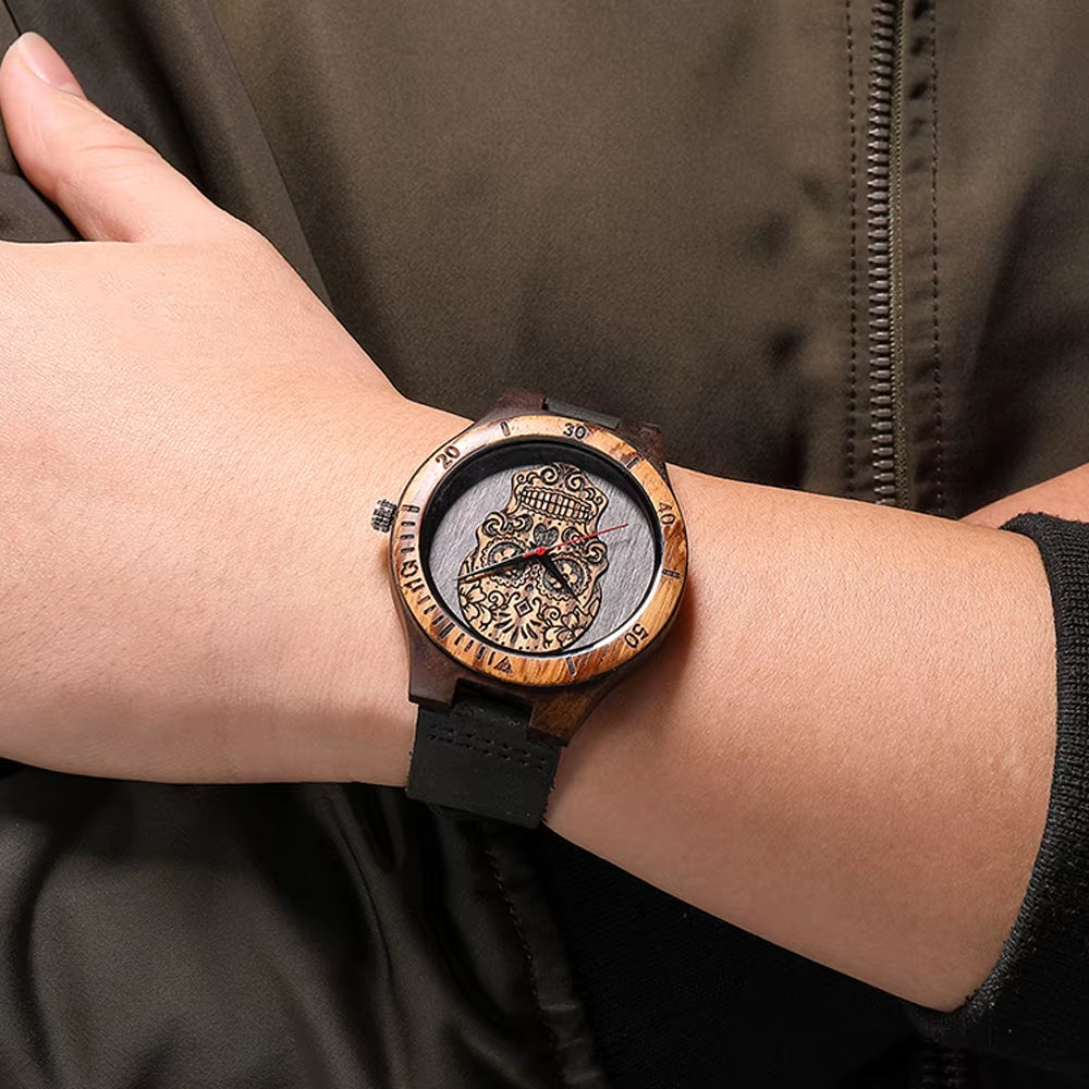 High Quality Skull Head Wooden Watch for Men Skeleton Engraved Mexico Punk Rock Dial Wood Clock Watches Male Relogio Masculino