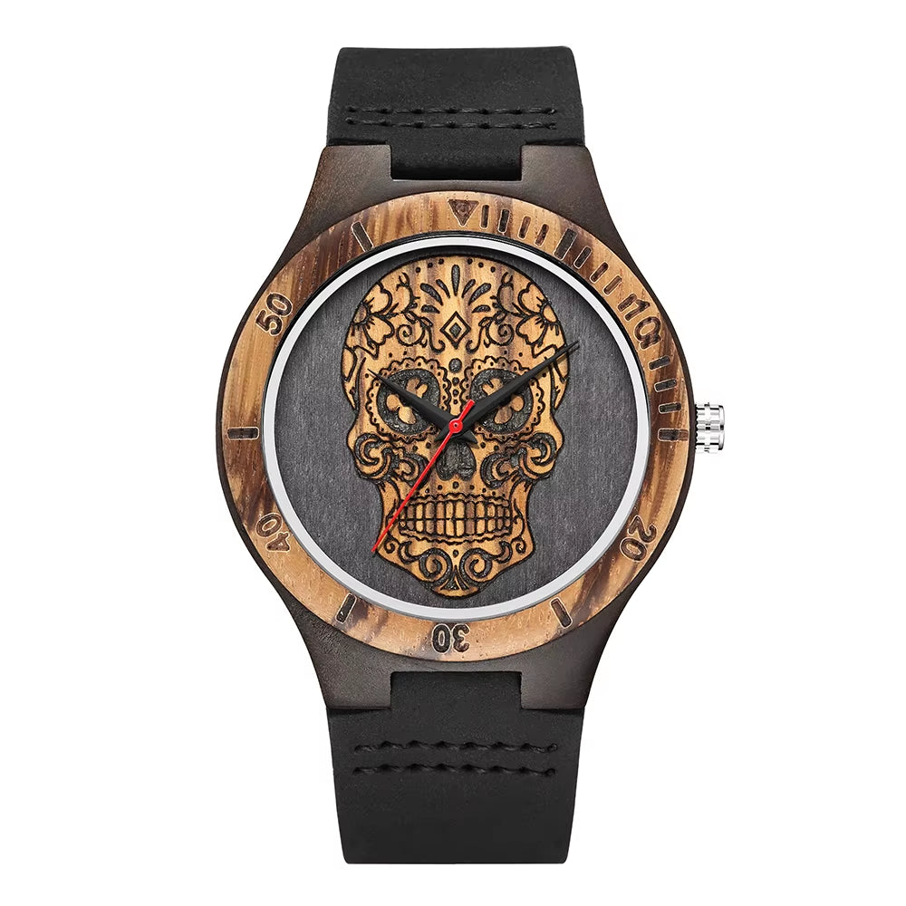 High Quality Skull Head Wooden Watch for Men Skeleton Engraved Mexico Punk Rock Dial Wood Clock Watches Male Relogio Masculino