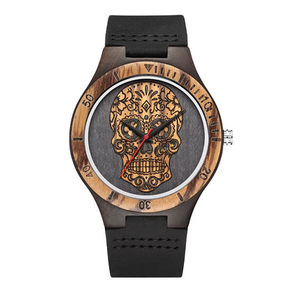High Quality Skull Head Wooden Watch for Men Skeleton Engraved Mexico Punk Rock Dial Wood Clock Watches Male Relogio Masculino