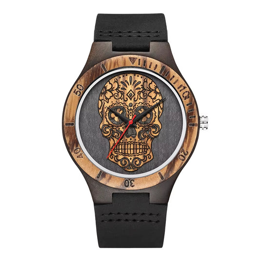 High Quality Skull Head Wooden Watch for Men Skeleton Engraved Mexico Punk Rock Dial Wood Clock Watches Male Relogio Masculino