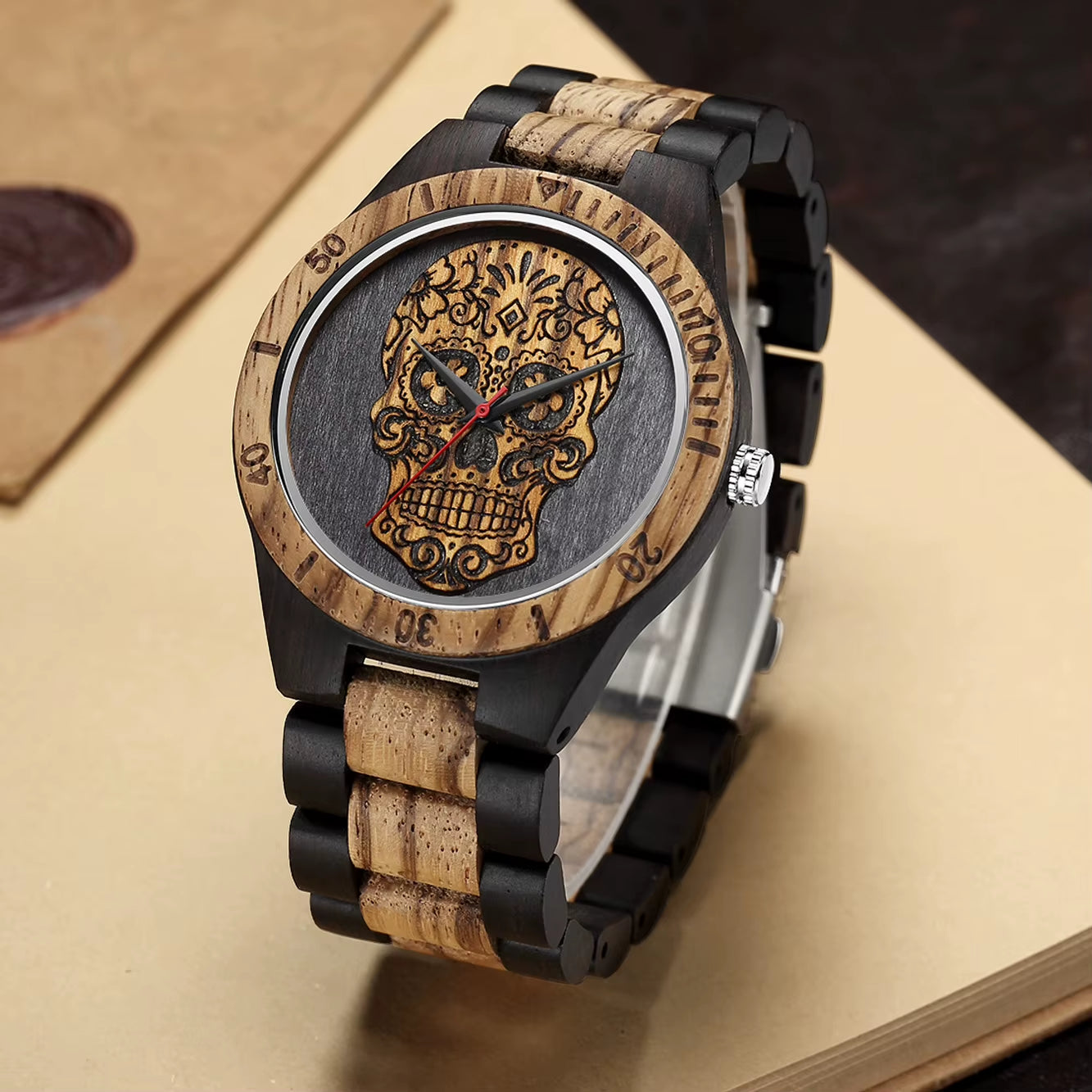 High Quality Skull Head Wooden Watch for Men Skeleton Engraved Mexico Punk Rock Dial Wood Clock Watches Male Relogio Masculino