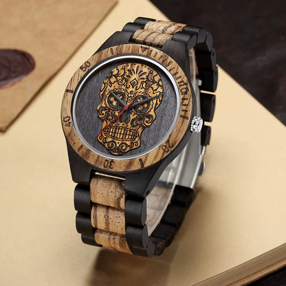 High Quality Skull Head Wooden Watch for Men Skeleton Engraved Mexico Punk Rock Dial Wood Clock Watches Male Relogio Masculino