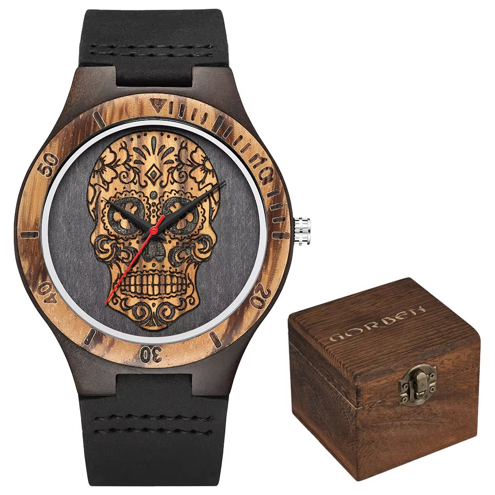 High Quality Skull Head Wooden Watch for Men Skeleton Engraved Mexico Punk Rock Dial Wood Clock Watches Male Relogio Masculino