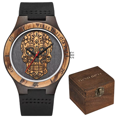High Quality Skull Head Wooden Watch for Men Skeleton Engraved Mexico Punk Rock Dial Wood Clock Watches Male Relogio Masculino
